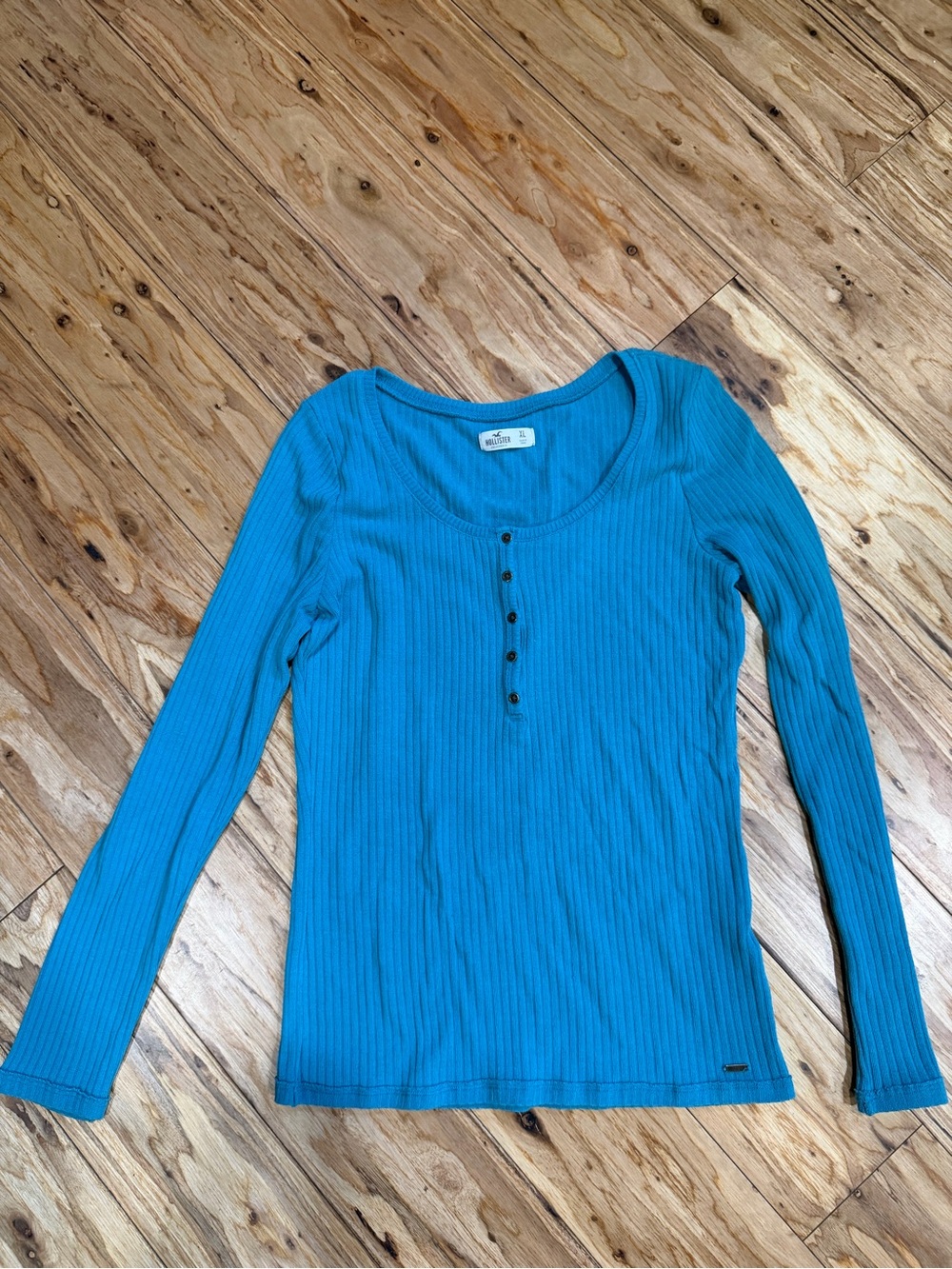 Hollister Teal Ribbed Henley Long Sleeve Top
